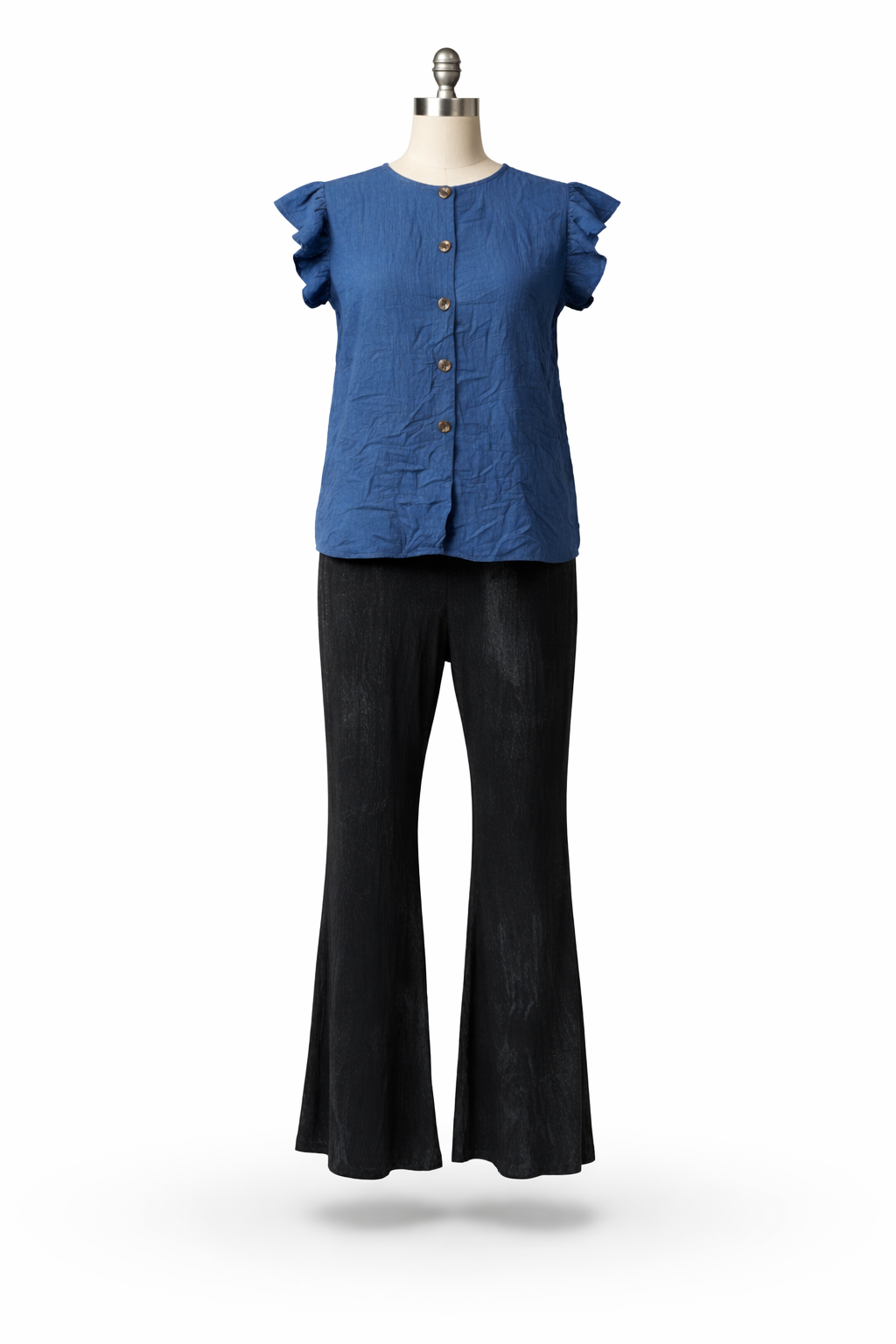 Women Blue Ruffle Sleeve Button-Down Top with Black Flared Trouser Set