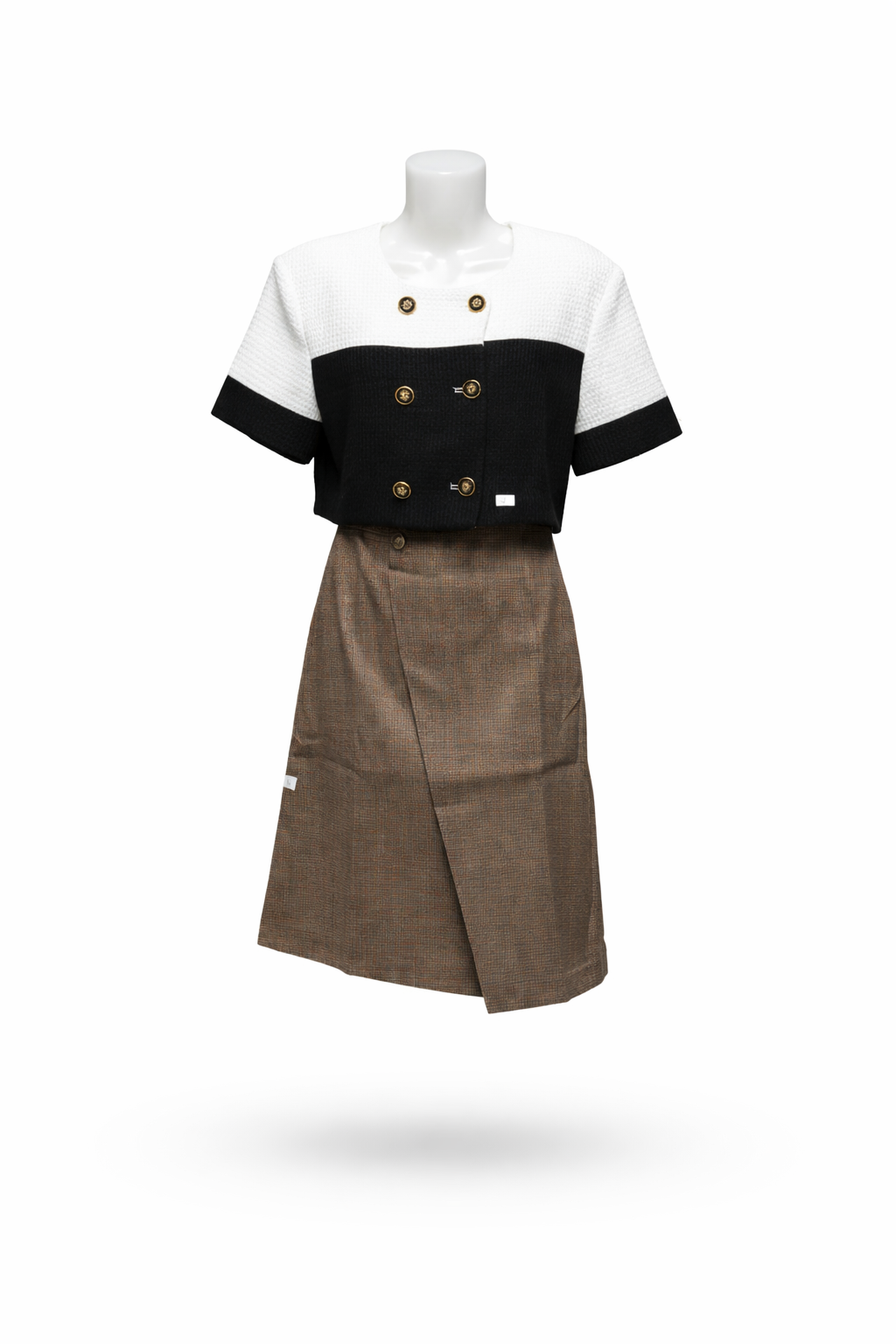 Classic Monochrome Tweed Style Crop Jacket and Plaid Wrap Skirt Set