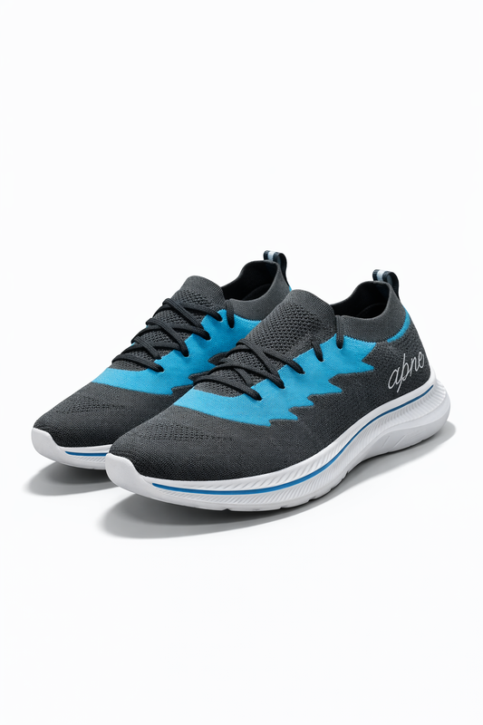 Apne Men's Lightweight Grey & Blue Knitted Breathable Sports Shoes