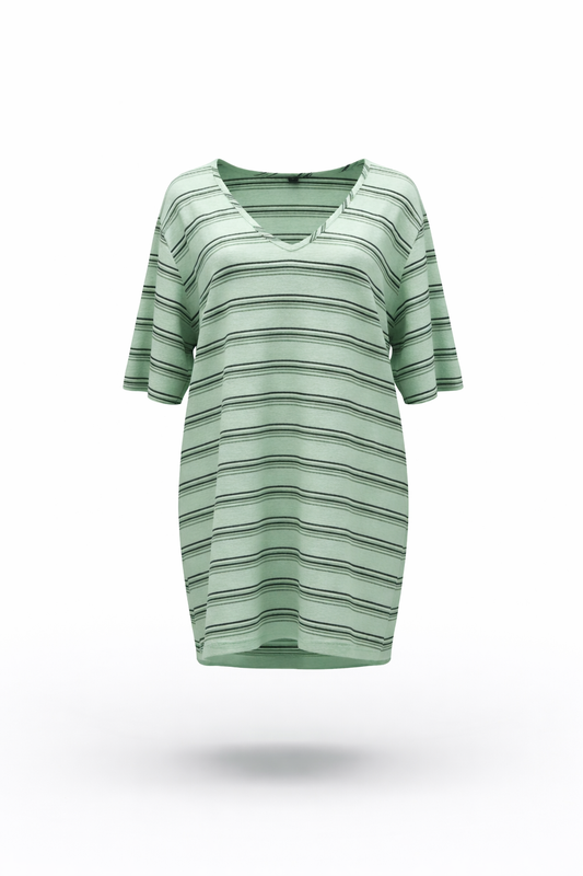 Women Mint Green Striped V-Neck Oversized T-shirt Dress