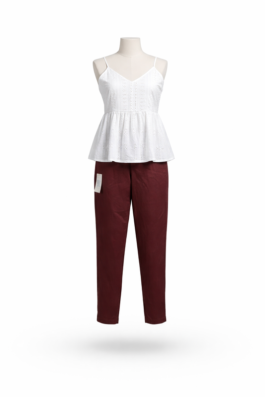 White Schiffli Eyelet Peplum Top with Maroon Linen Blend Trousers