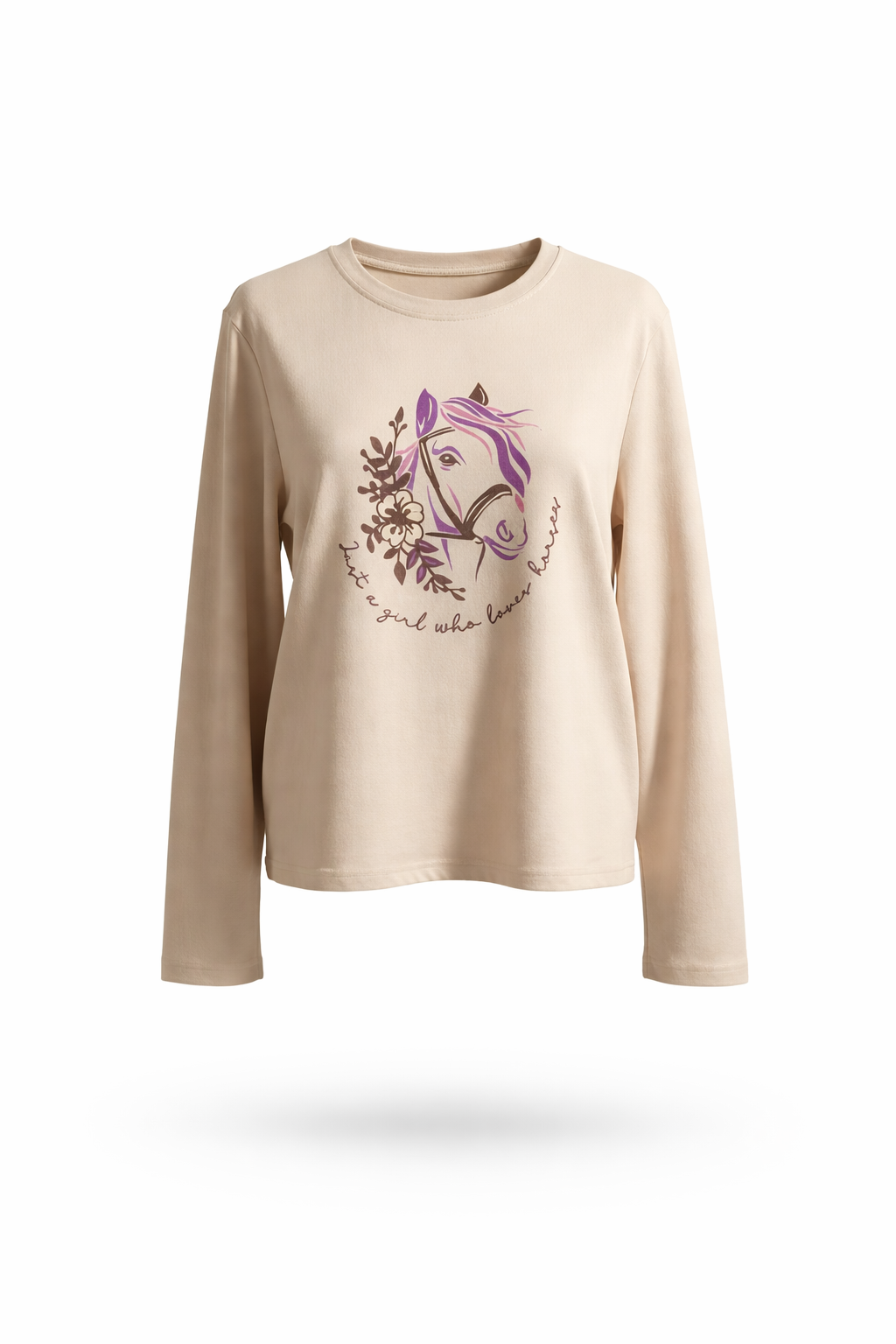Womens Floral Horse Graphic Long Sleeve Cotton T-Shirt
